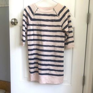 Loft XS Zipper detail at neck mini dress Grey cream stripe 3/4 sleeves cotton